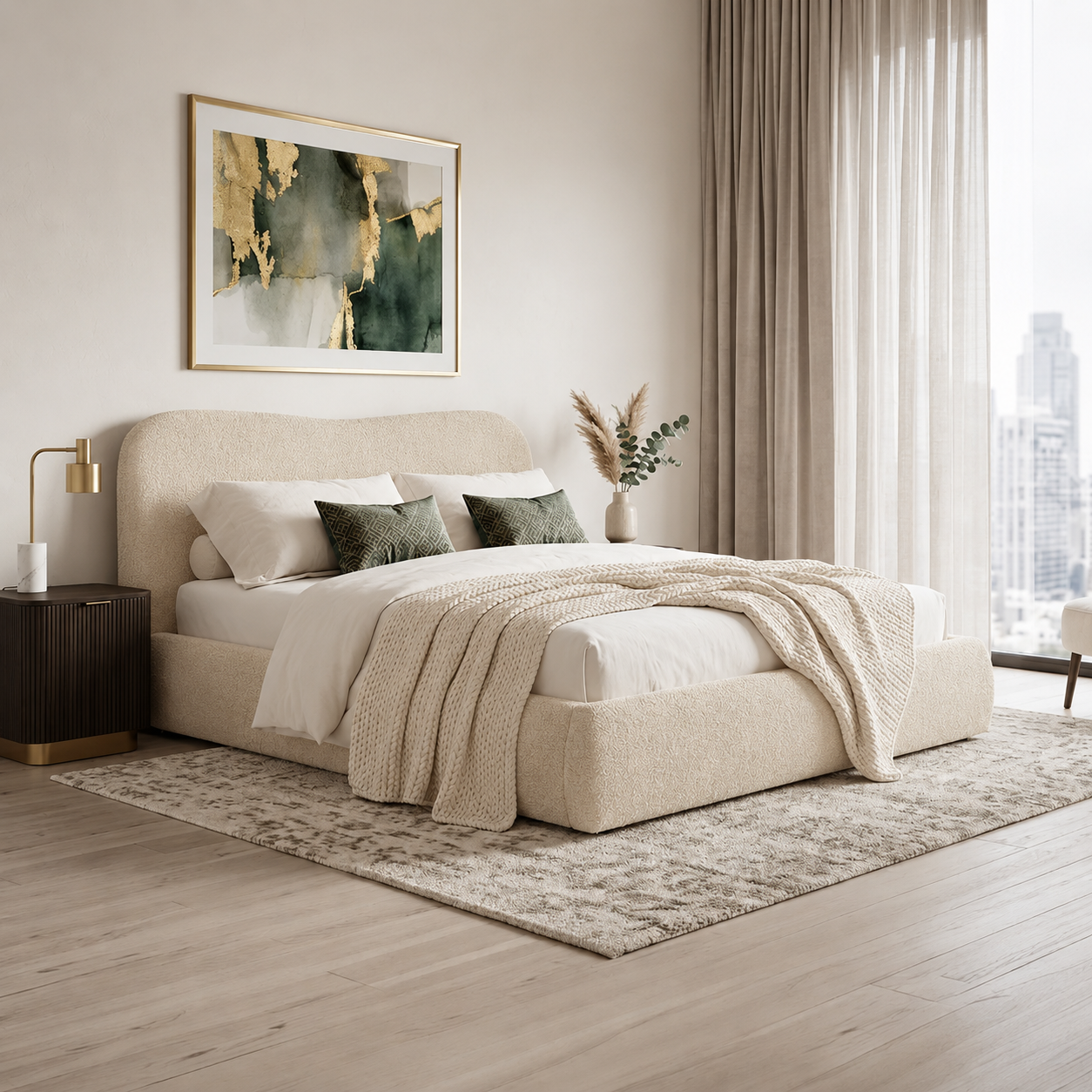 BRISTOL Lit double en tissu bouclette beige avec coffre 160x200 cm