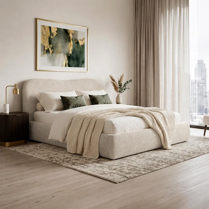 BRISTOL Lit double en tissu bouclette beige avec coffre 160x200 cm