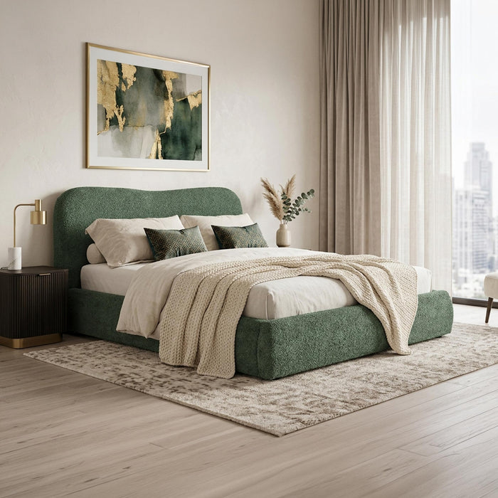 BRISTOL Lit double en tissu bouclette vert avec coffre 160x200 cm