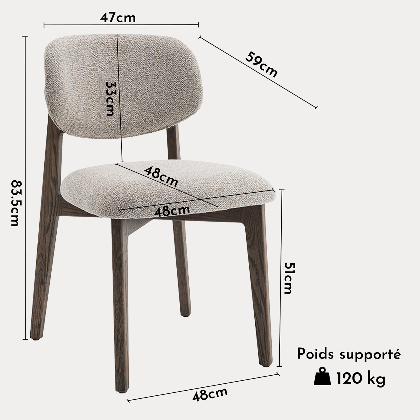 CARMEN Chaise en tissu beige et chêne massif foncé