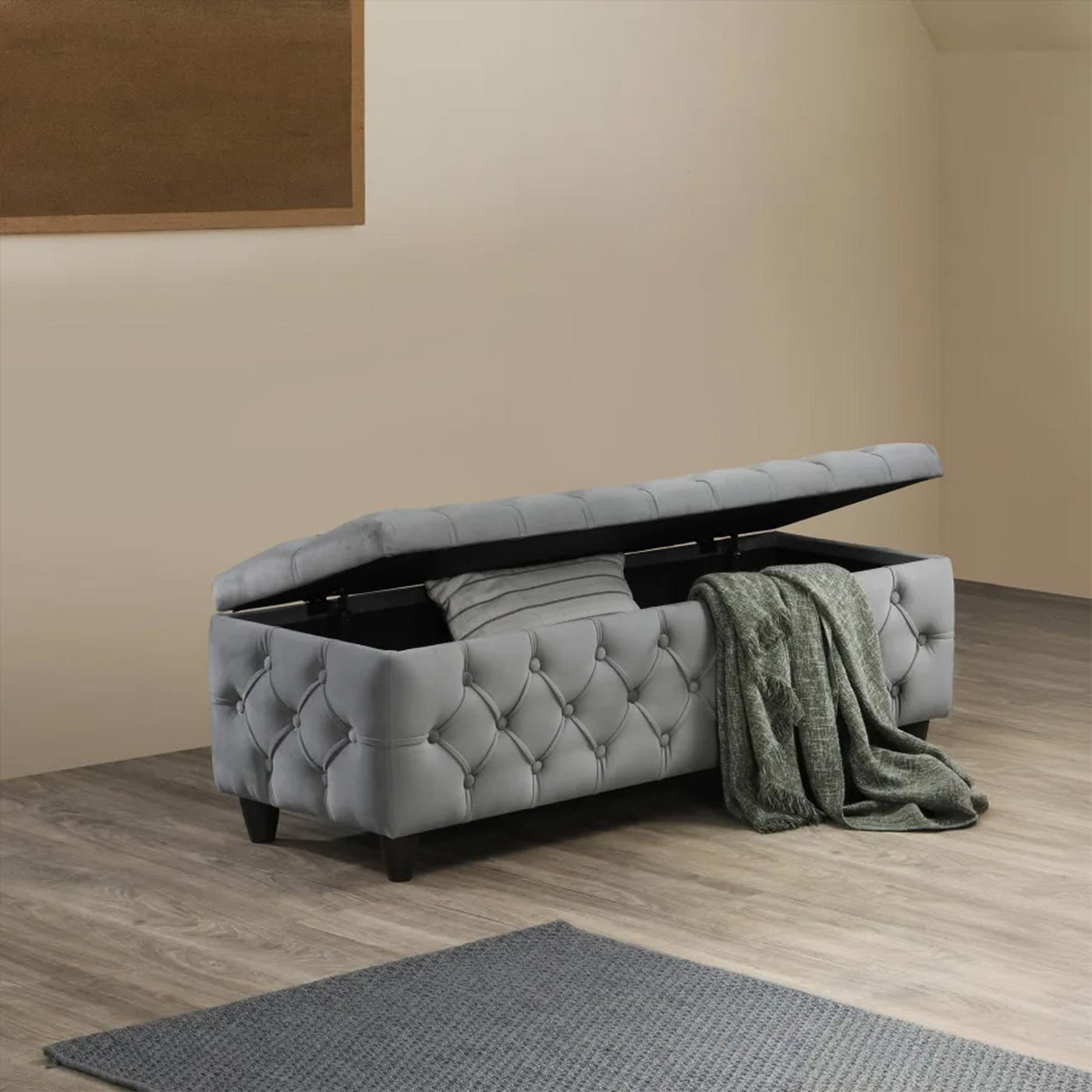 CASTRIA Banquette coffre capitonné en velours gris foncé