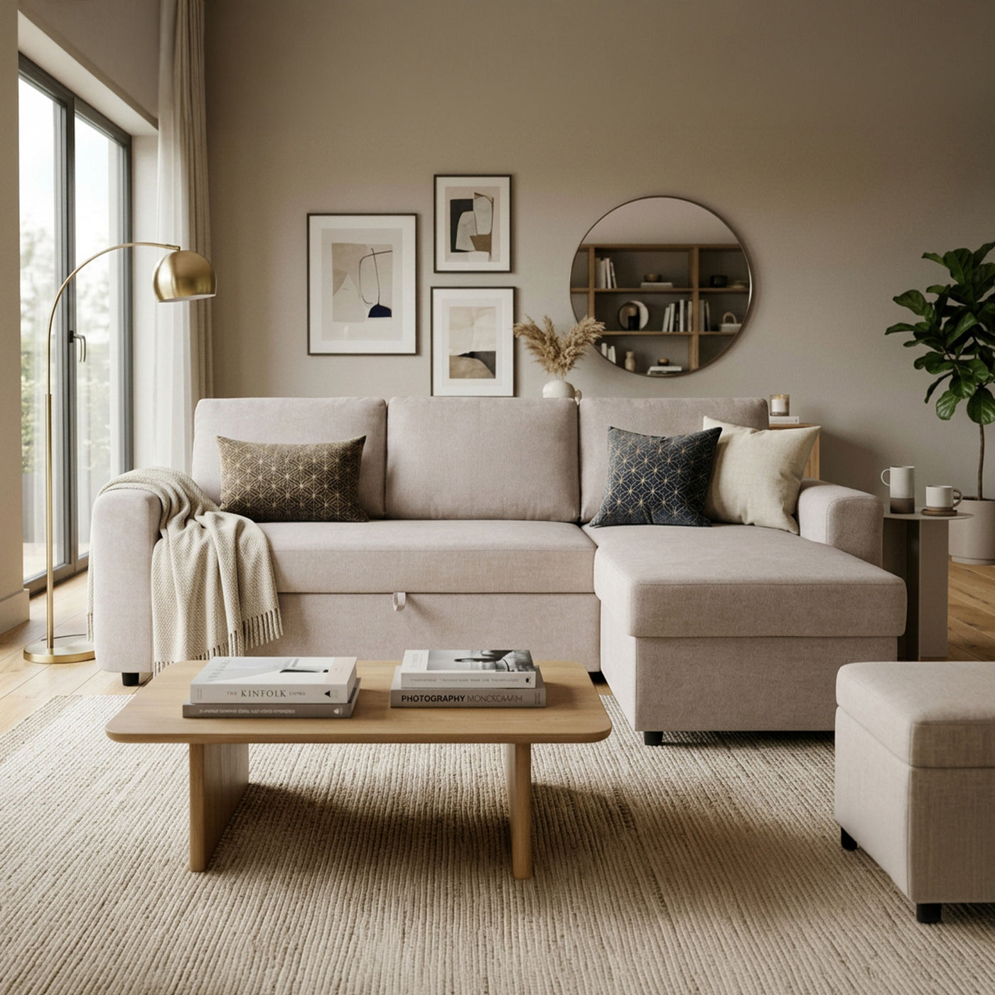 CELIA Canapé d'angle convertible et réversible avec coffre en tissu beige