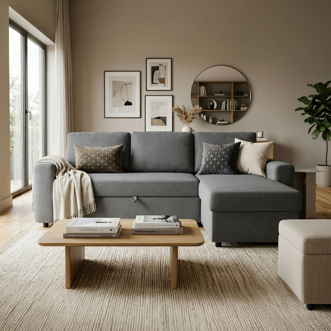CELIA Canapé d'angle convertible et réversible avec coffre en tissu gris foncé