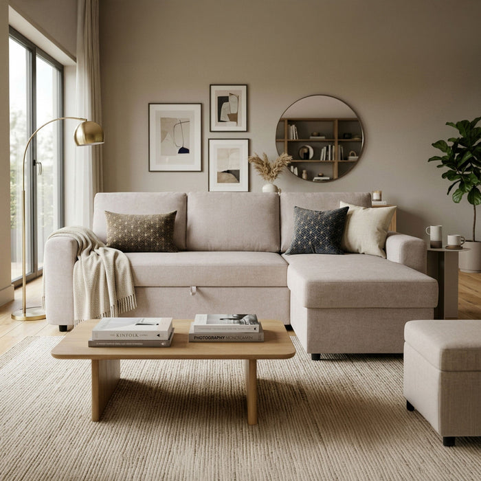 CELIA Canapé d'angle convertible et réversible avec coffre en tissu beige