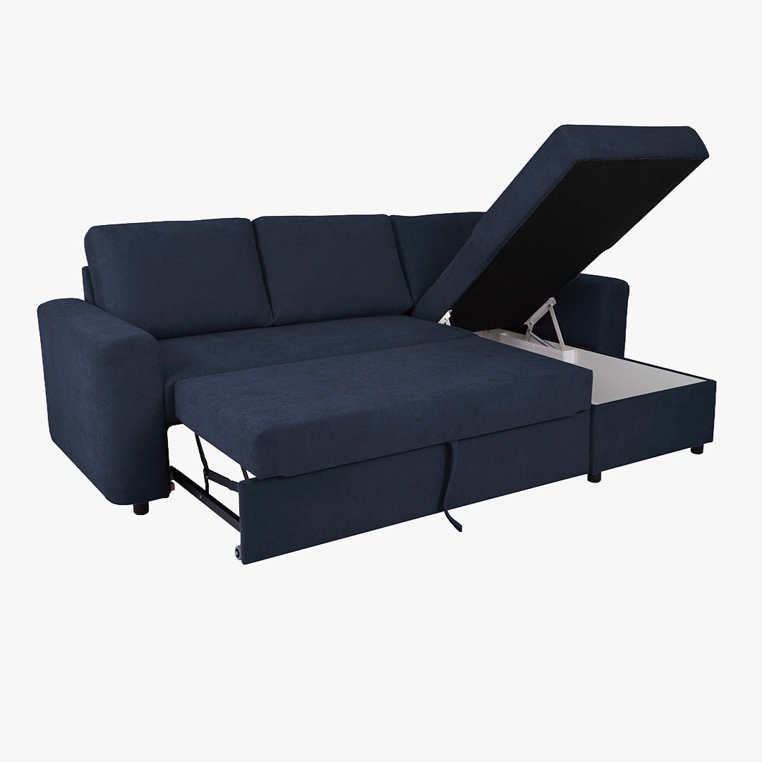 CELIA Canapé d'angle convertible et réversible avec coffre en tissu bleu - Canapé d'angle convertible - Mobilier Deco