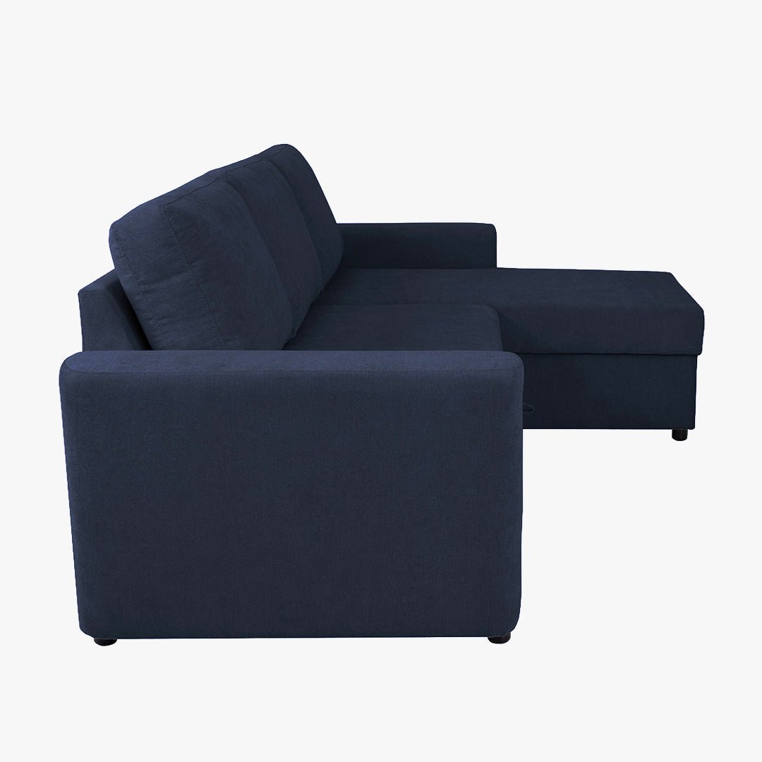 CELIA Canapé d'angle convertible et réversible avec coffre en tissu bleu - Canapé d'angle convertible - Mobilier Deco