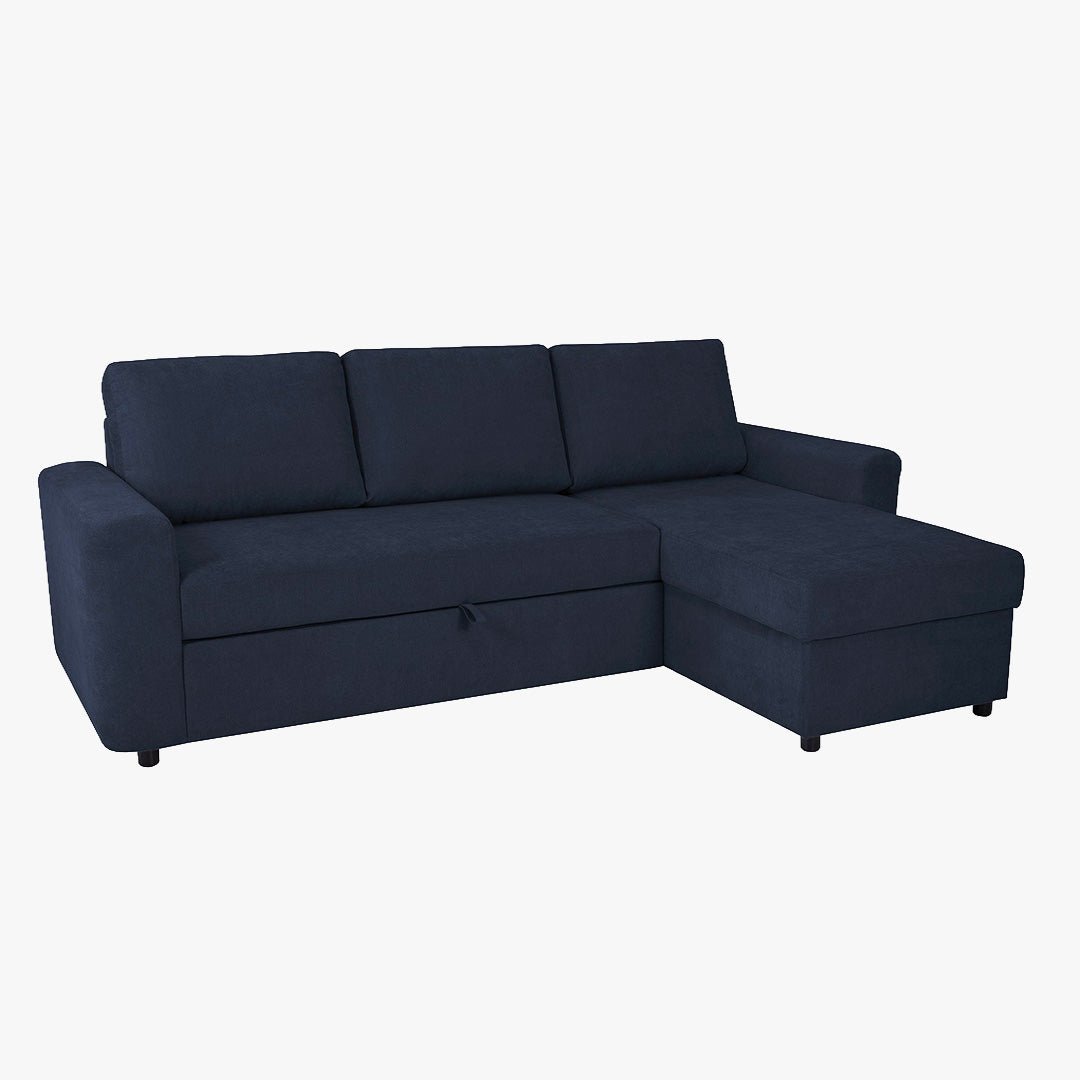 CELIA Canapé d'angle convertible et réversible avec coffre en tissu bleu - Canapé d'angle convertible - Mobilier Deco