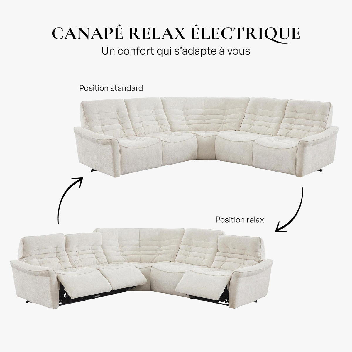 CHILLY Canapé d'angle relax électrique réversible en tissu beige - Canapé relax - Mobilier Deco