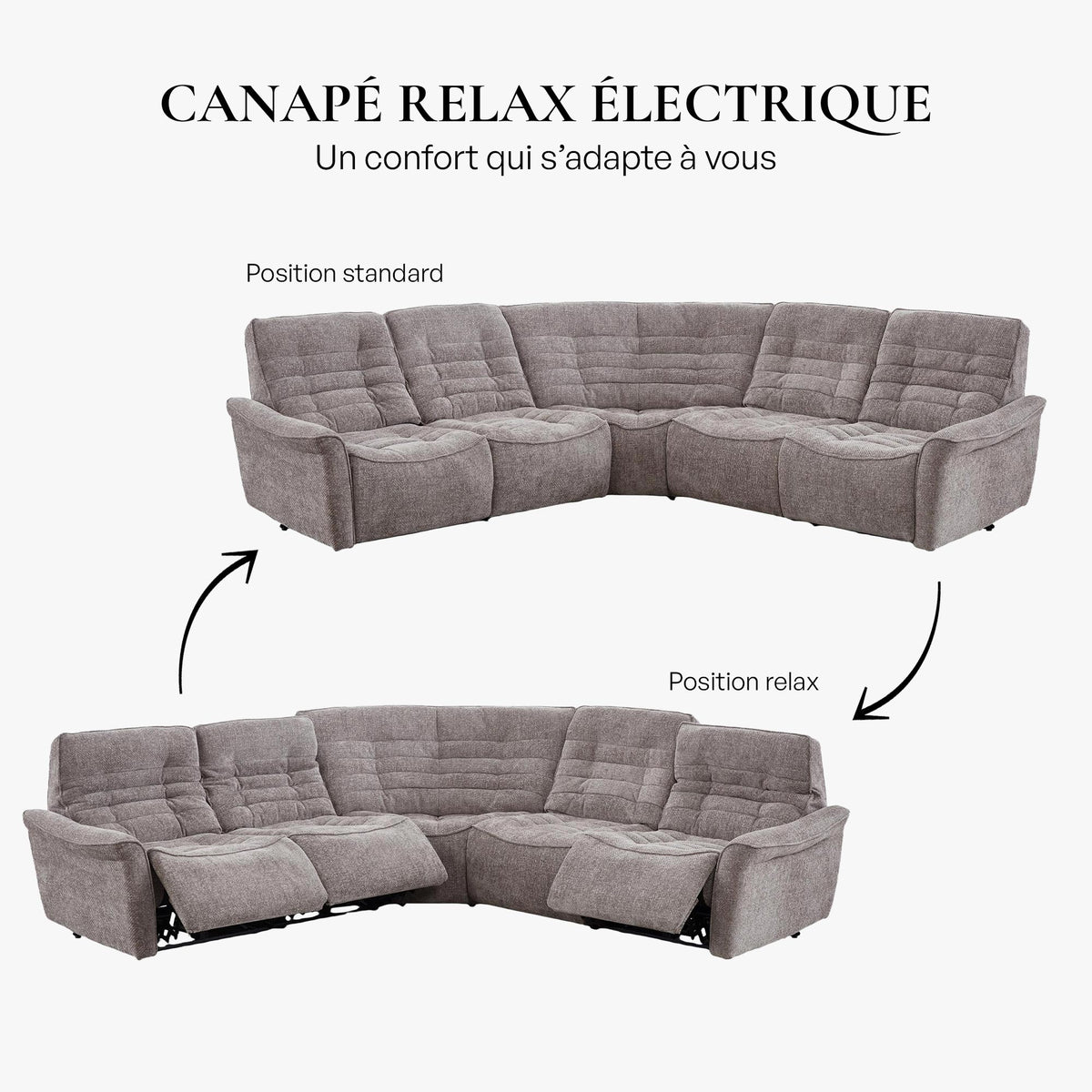 CHILLY Canapé d'angle relax électrique réversible en tissu taupe - Canapés d'angle - Mobilier Deco