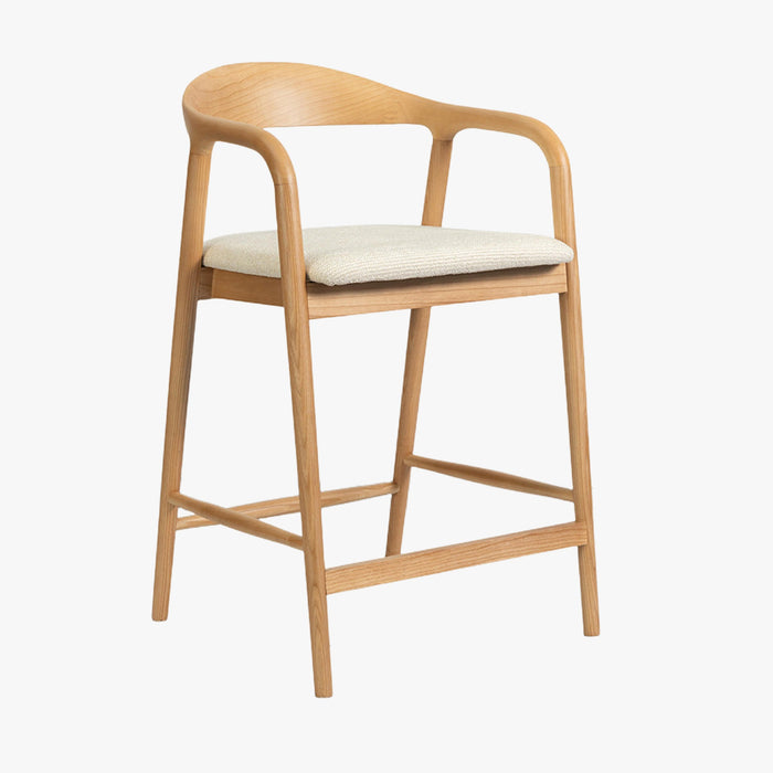 CLAIRE Tabouret en tissu beige piètement en bois massif clair