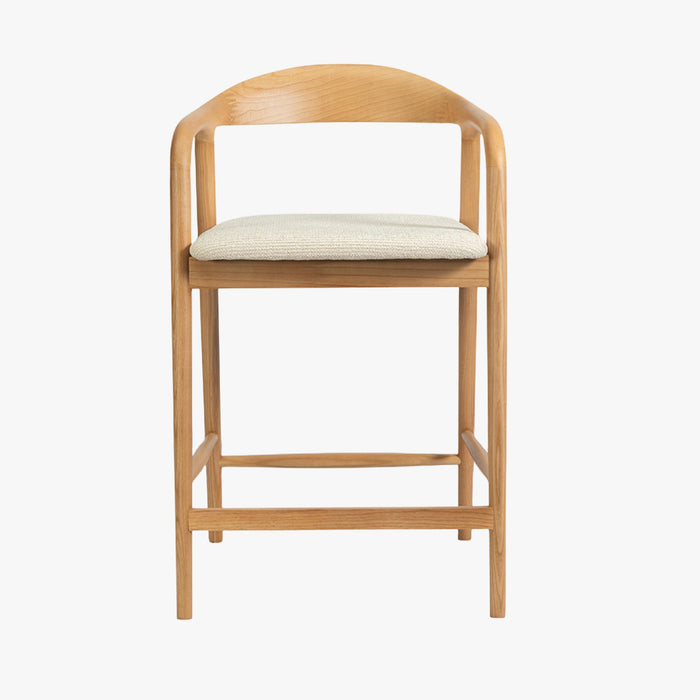 CLAIRE Tabouret en tissu beige piètement en bois massif clair