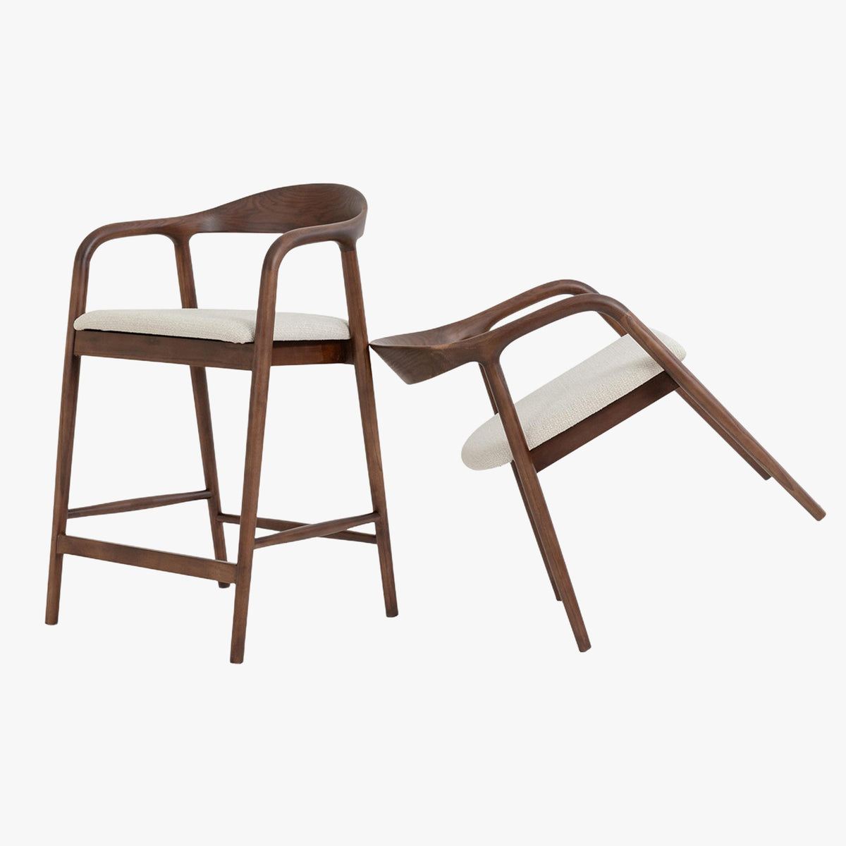 CLAIRE Tabouret en tissu beige piètement en bois massif foncé - Mobilier Deco