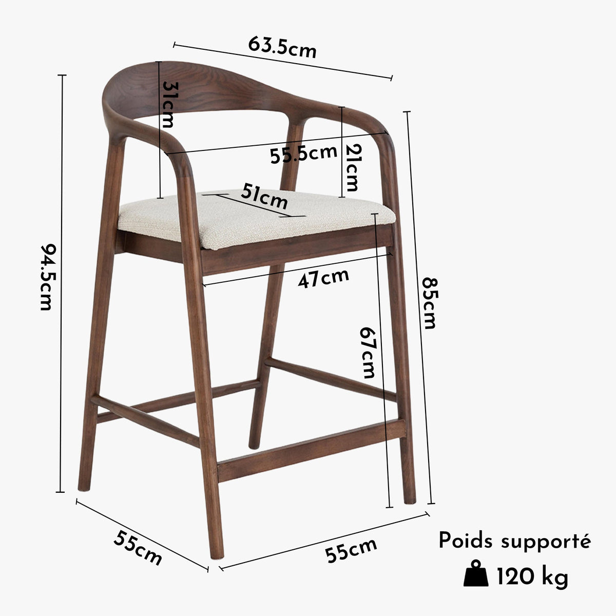 CLAIRE Tabouret en tissu beige piètement en bois massif foncé - Mobilier Deco