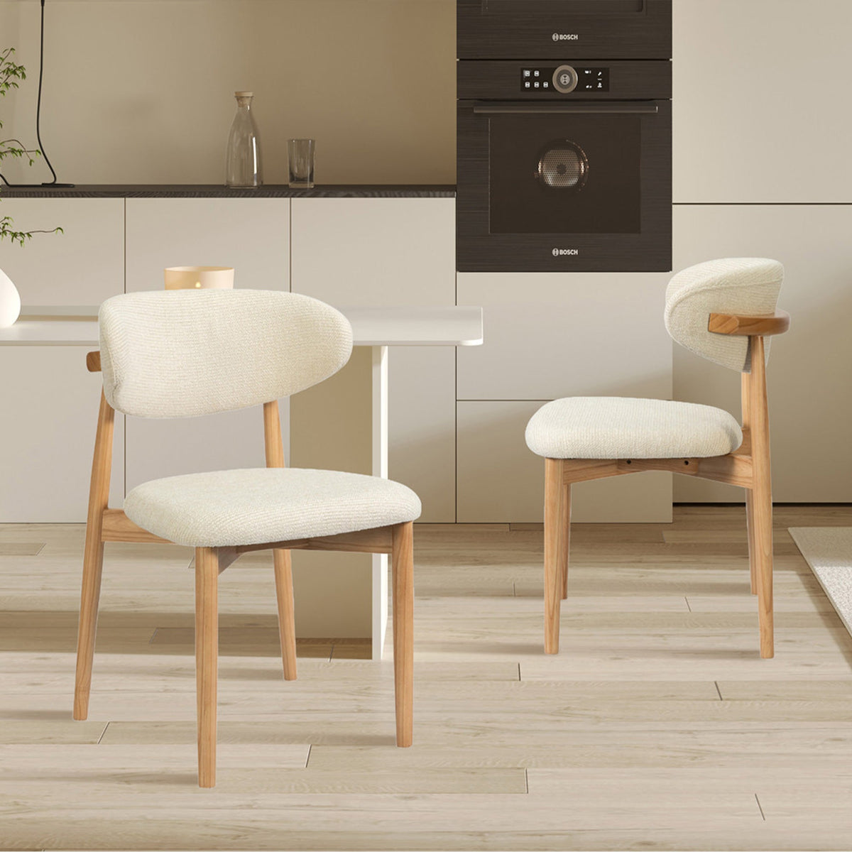 CLARA Lot de 2 chaises en tissu bouclette beige pieds en chêne massif clair - Mobilier Deco