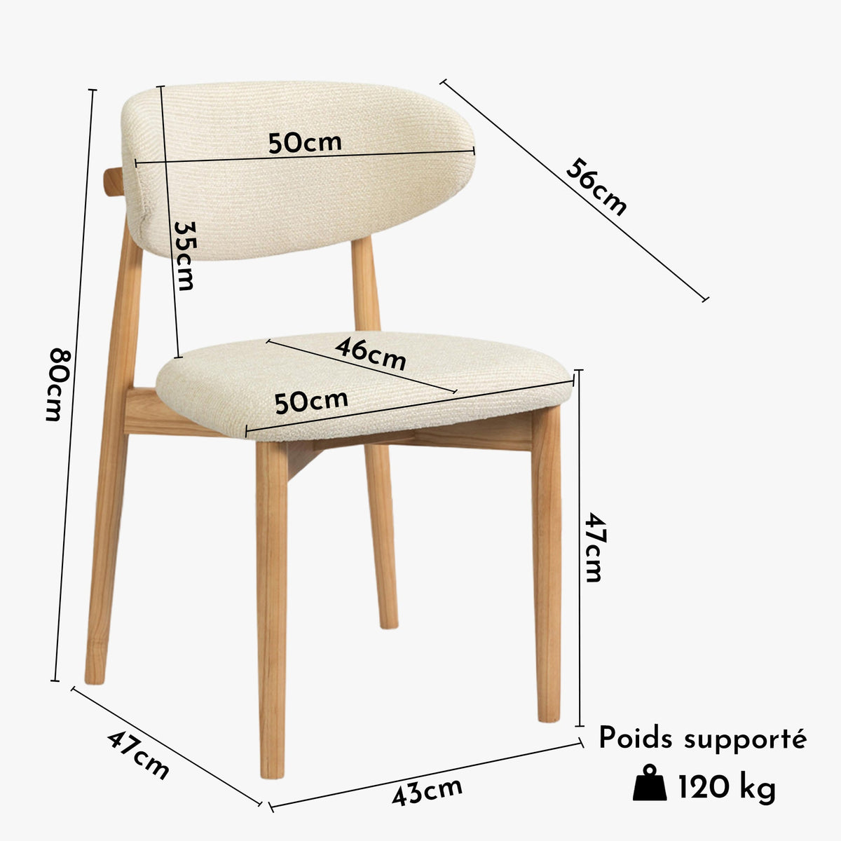CLARA Lot de 2 chaises en tissu bouclette beige pieds en chêne massif clair - Mobilier Deco