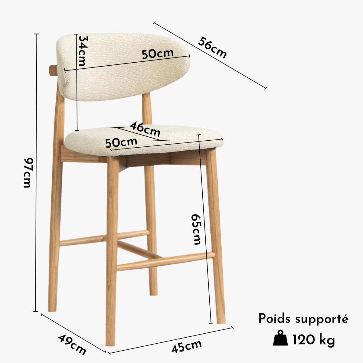 CLARA Tabouret en tissu bouclette beige pieds en chêne massif clair - Mobilier Deco