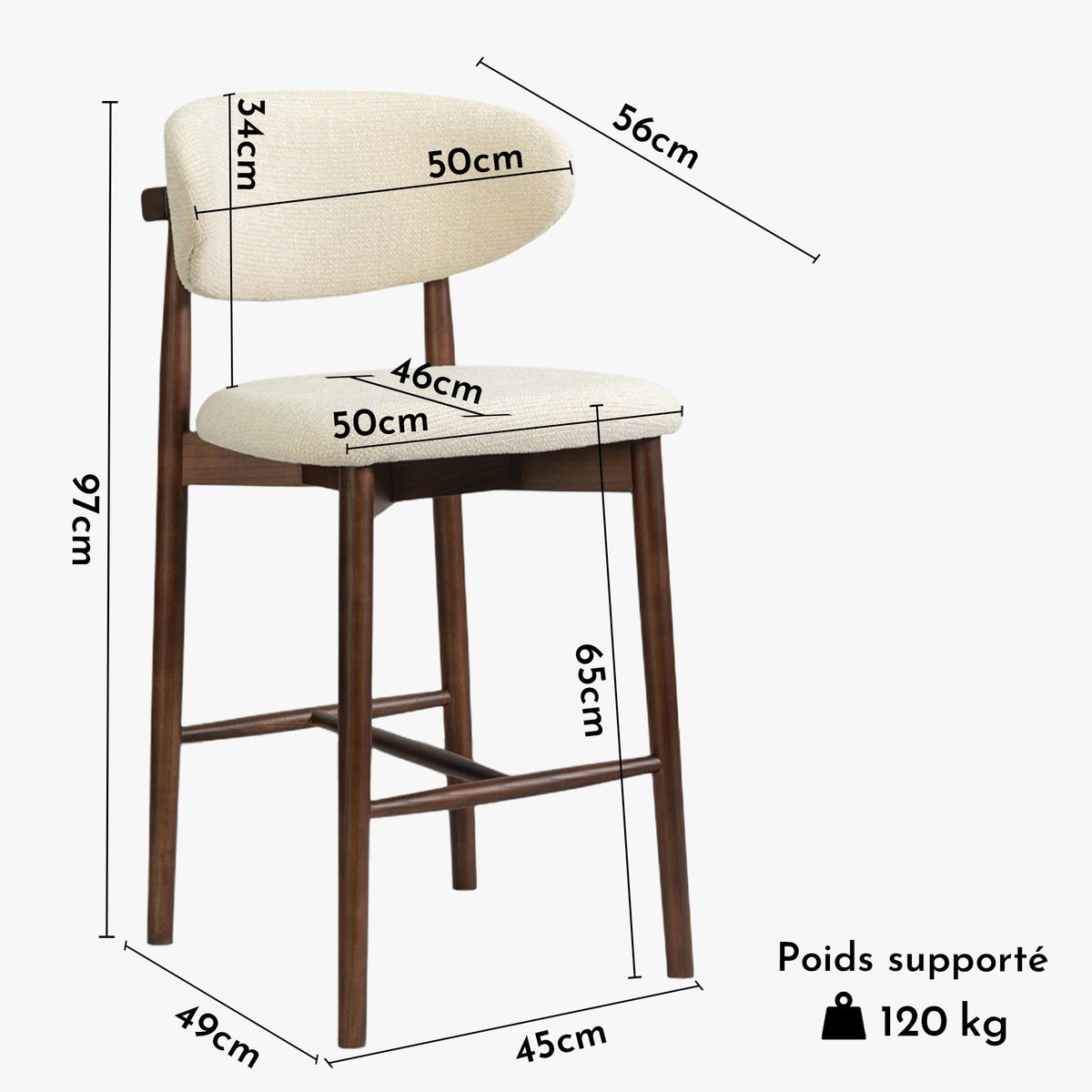 CLARA Tabouret en tissu bouclette beige pieds en chêne massif foncé - Mobilier Deco