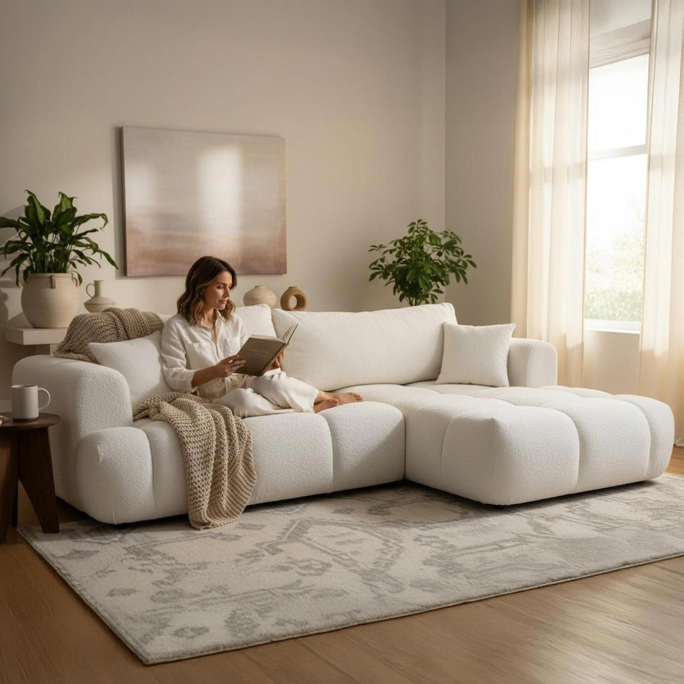 CLOUD Canapé d'angle convertible en tissu bouclette beige - Angle droit
