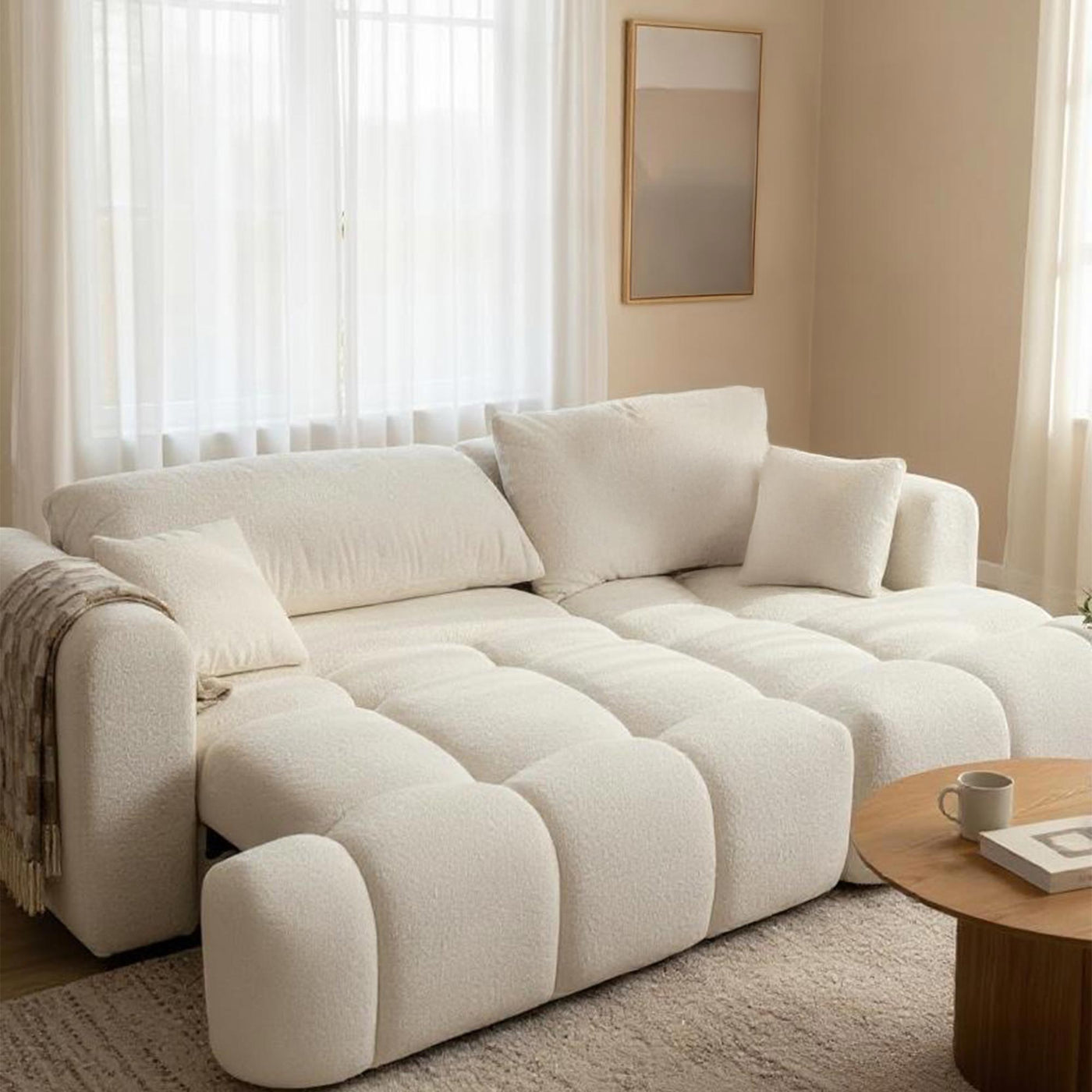 CLOUD Canapé d'angle convertible en tissu bouclette beige - Angle droit