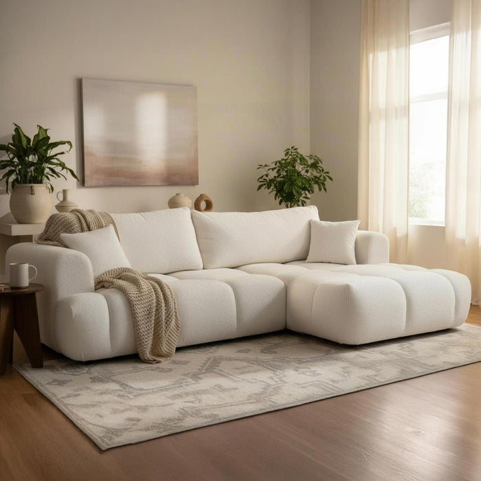 CLOUD Canapé d'angle convertible en tissu bouclette beige - Angle droit