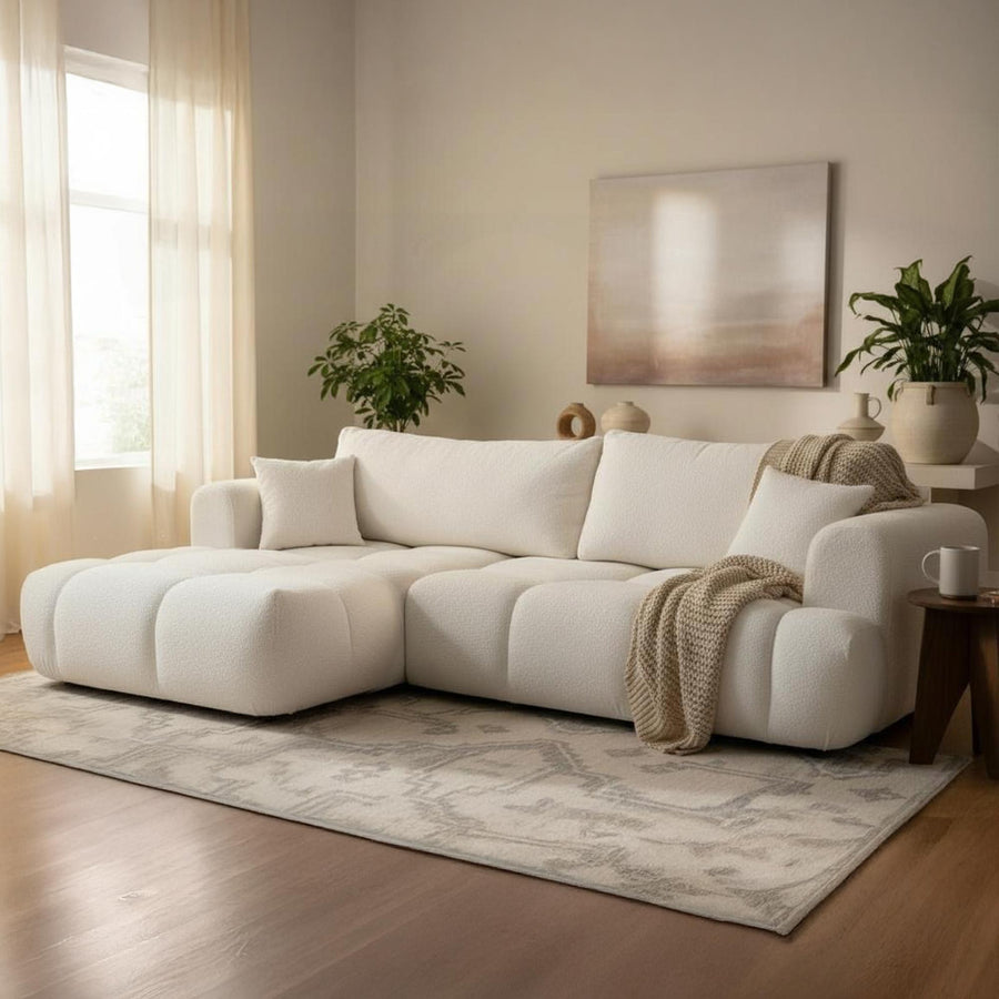 CLOUD Canapé d'angle convertible en tissu bouclette beige - Angle gauche — aperçu vidéo