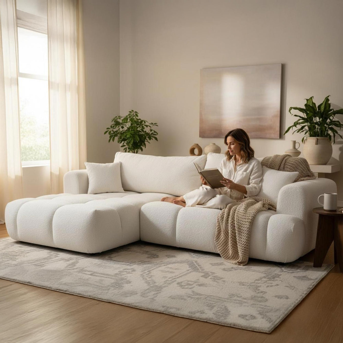 CLOUD Canapé d'angle convertible en tissu bouclette beige - Angle gauche - Canapé d'angle convertible - Mobilier Deco