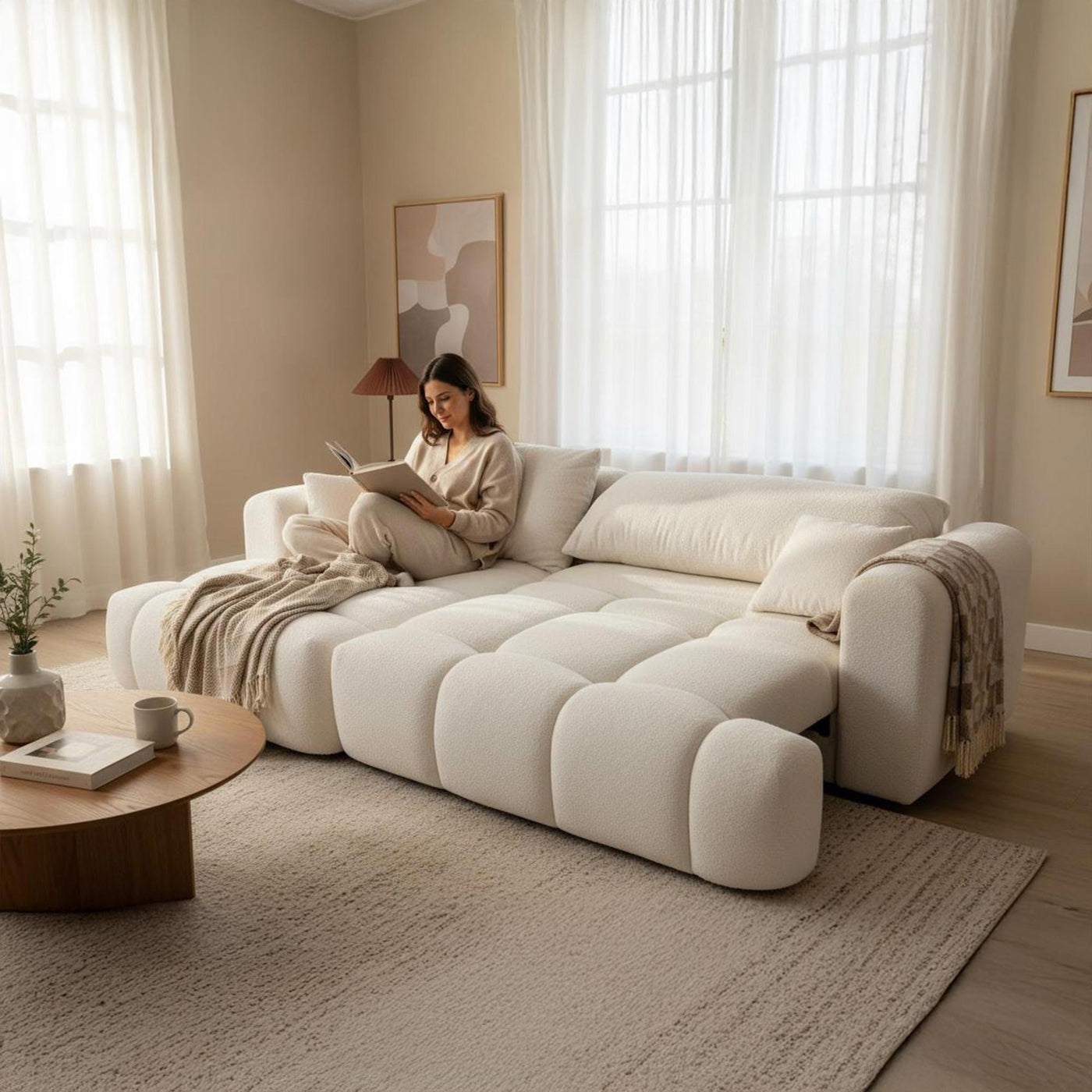 CLOUD Canapé d'angle convertible en tissu bouclette beige - Angle gauche - Canapé d'angle convertible - Mobilier Deco