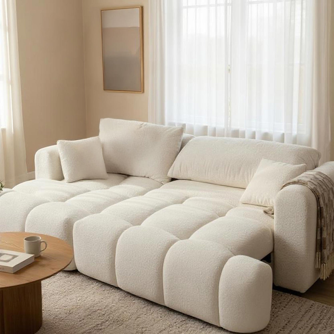 CLOUD Canapé d'angle convertible en tissu bouclette beige - Angle gauche - Canapé d'angle convertible - Mobilier Deco