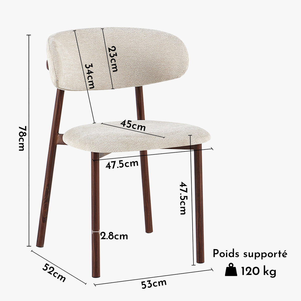 COCO Lot de 2 chaises en tissu beige piètement en métal couleur bois foncé - Mobilier Deco