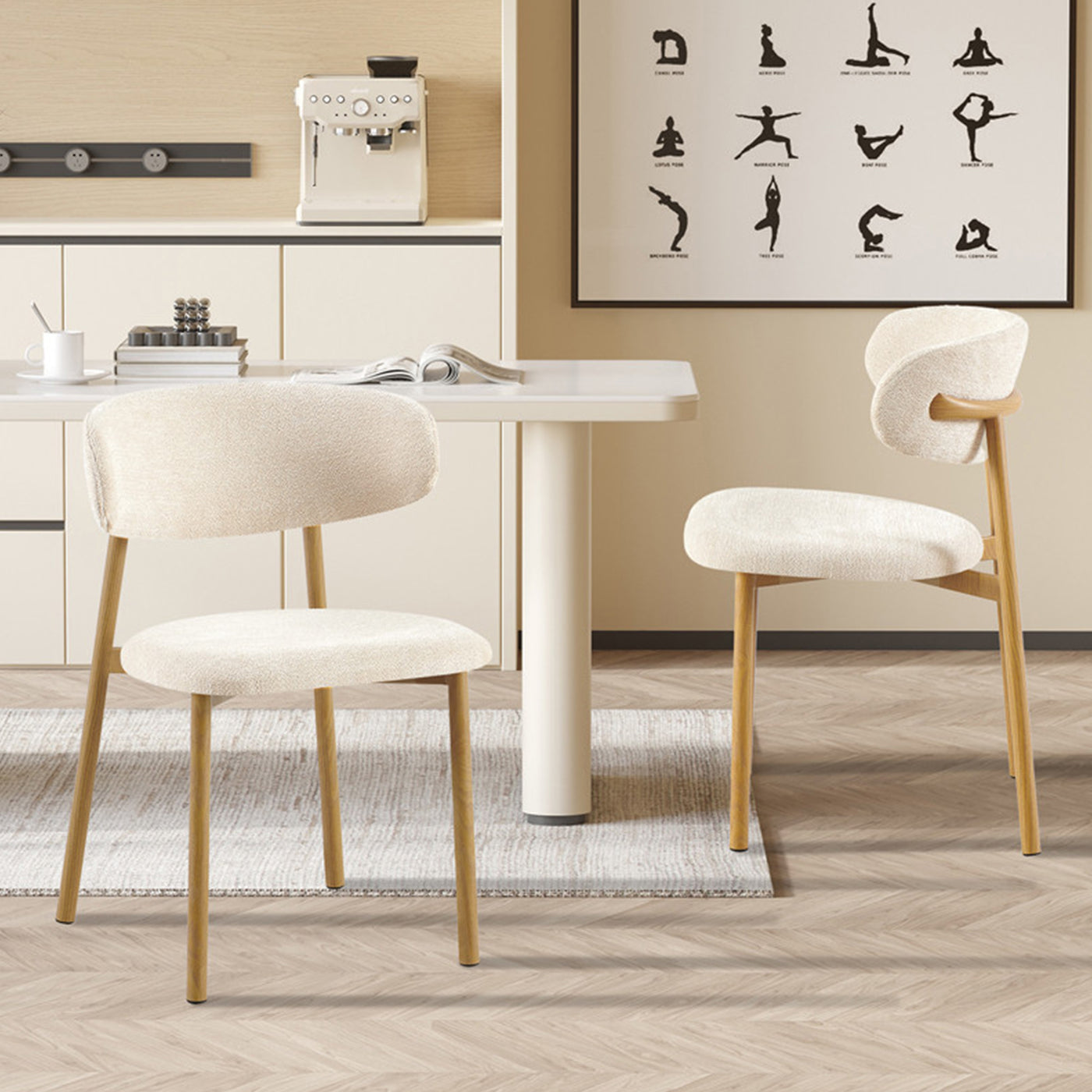 COCO Lot de 2 chaises en tissu beige piètement en métal couleur bois