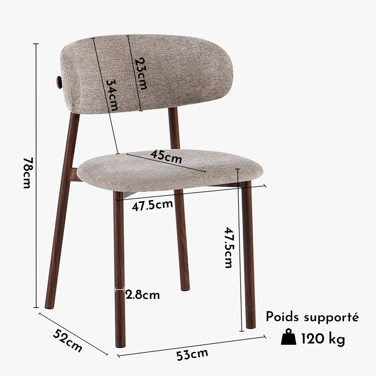 COCO Lot de 2 chaises en tissu taupe piètement en métal couleur bois foncé - Mobilier Deco