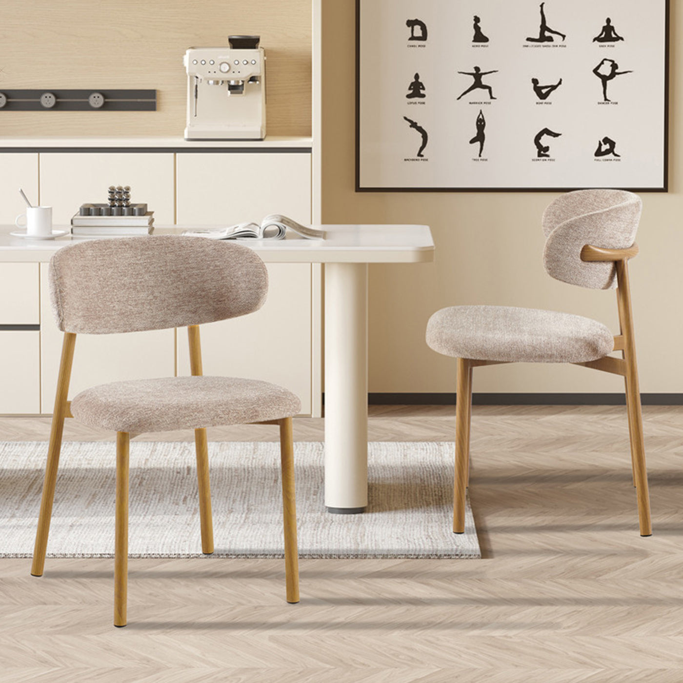 COCO Lot de 2 chaises en tissu taupe piètement en métal couleur bois