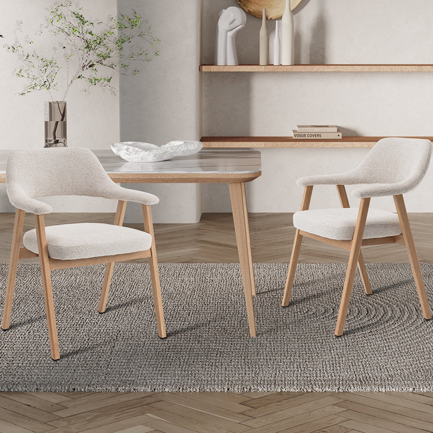CORALIE Chaise de repas en tissu beige pieds chêne massif clair - Chaise de repas - Mobilier Deco