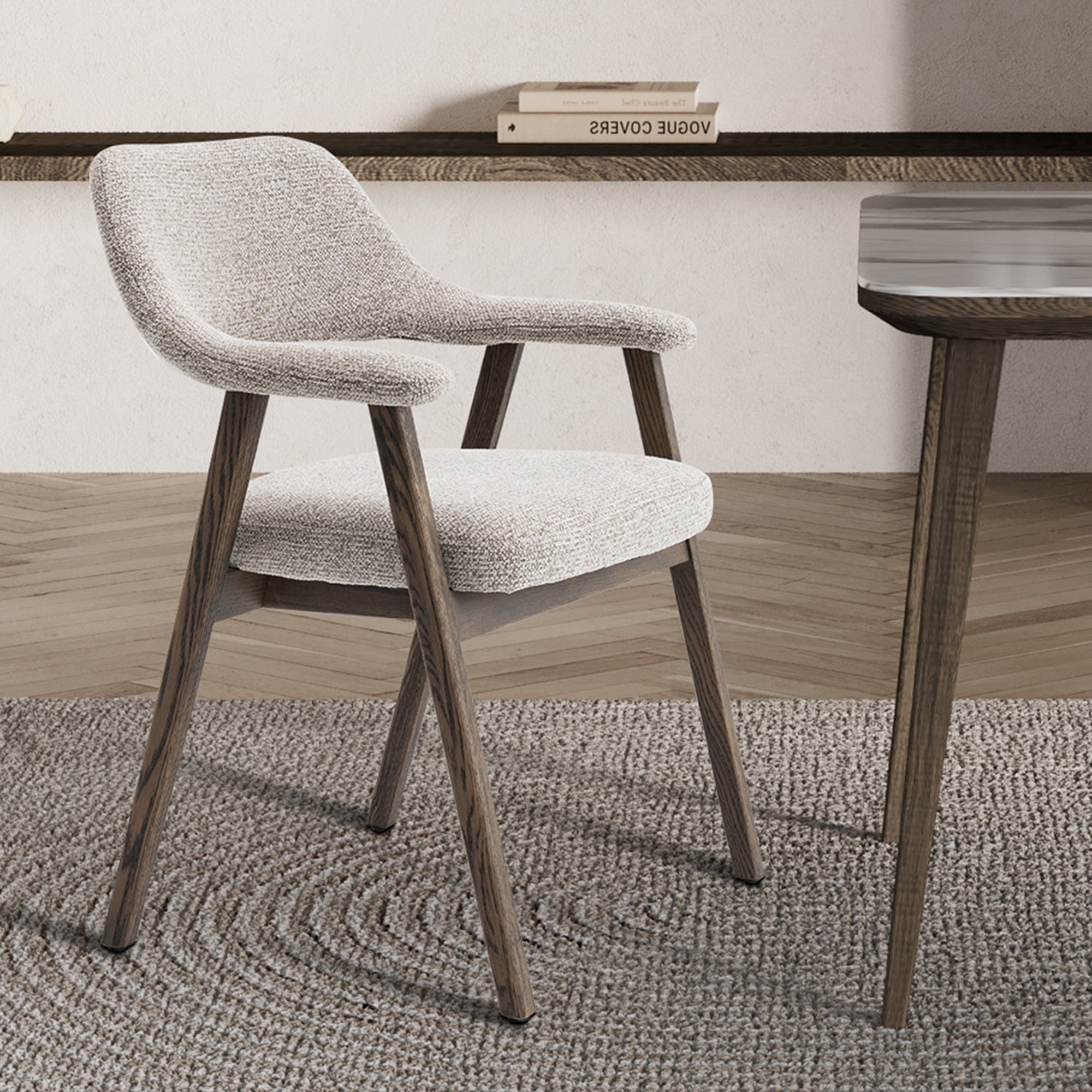 CORALIE Chaise en tissu beige pieds chêne massif foncé - Chaise de repas - Mobilier Deco