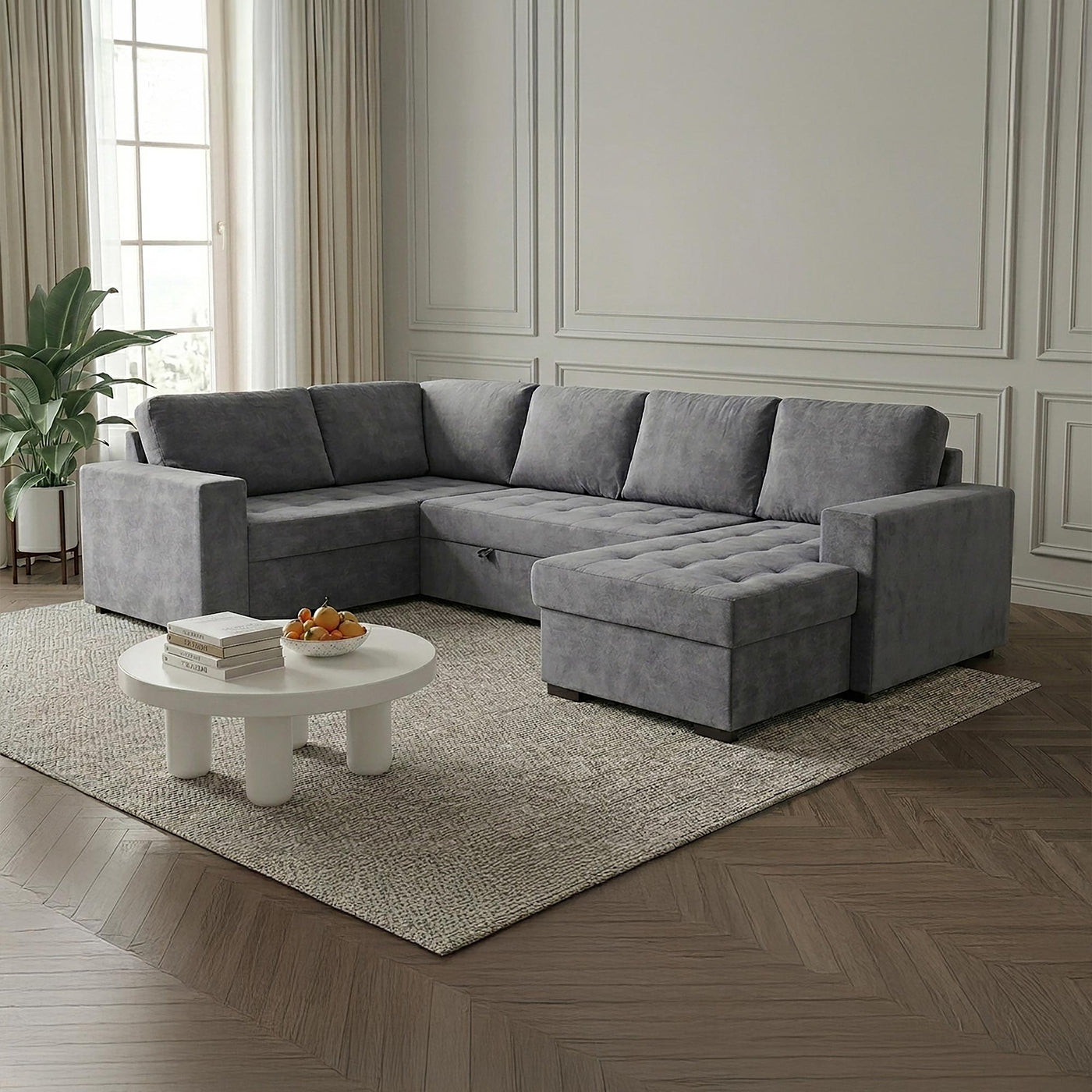 CYRUS Canapé panoramique convertible avec coffre en tissu gris - Angle droit
