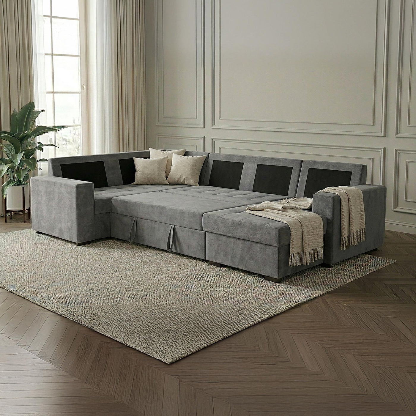 CYRUS Canapé panoramique convertible avec coffre en tissu gris - Angle droit