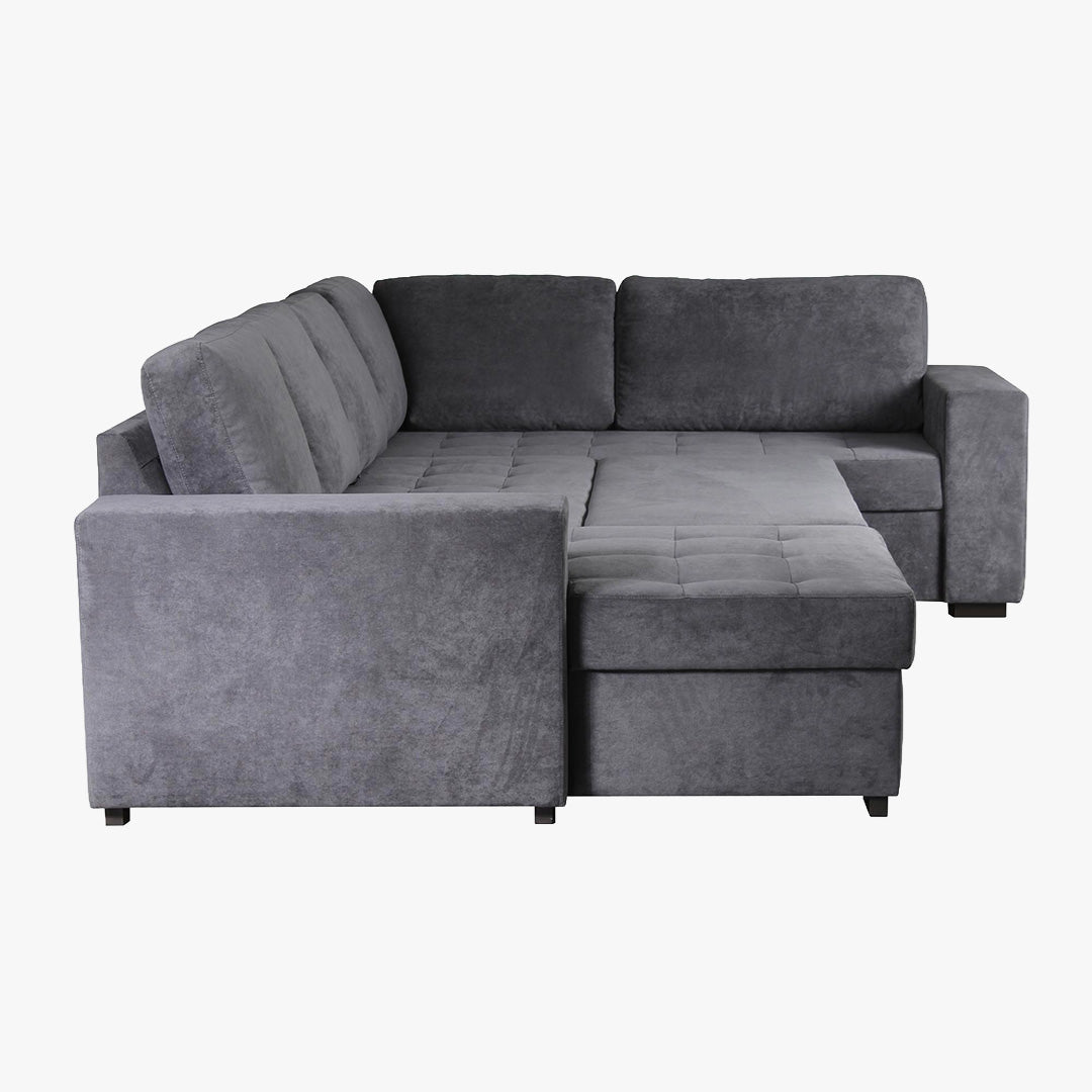 CYRUS Canapé panoramique convertible avec coffre en tissu gris - Angle gauche - Canapés panoramiques - Mobilier Deco