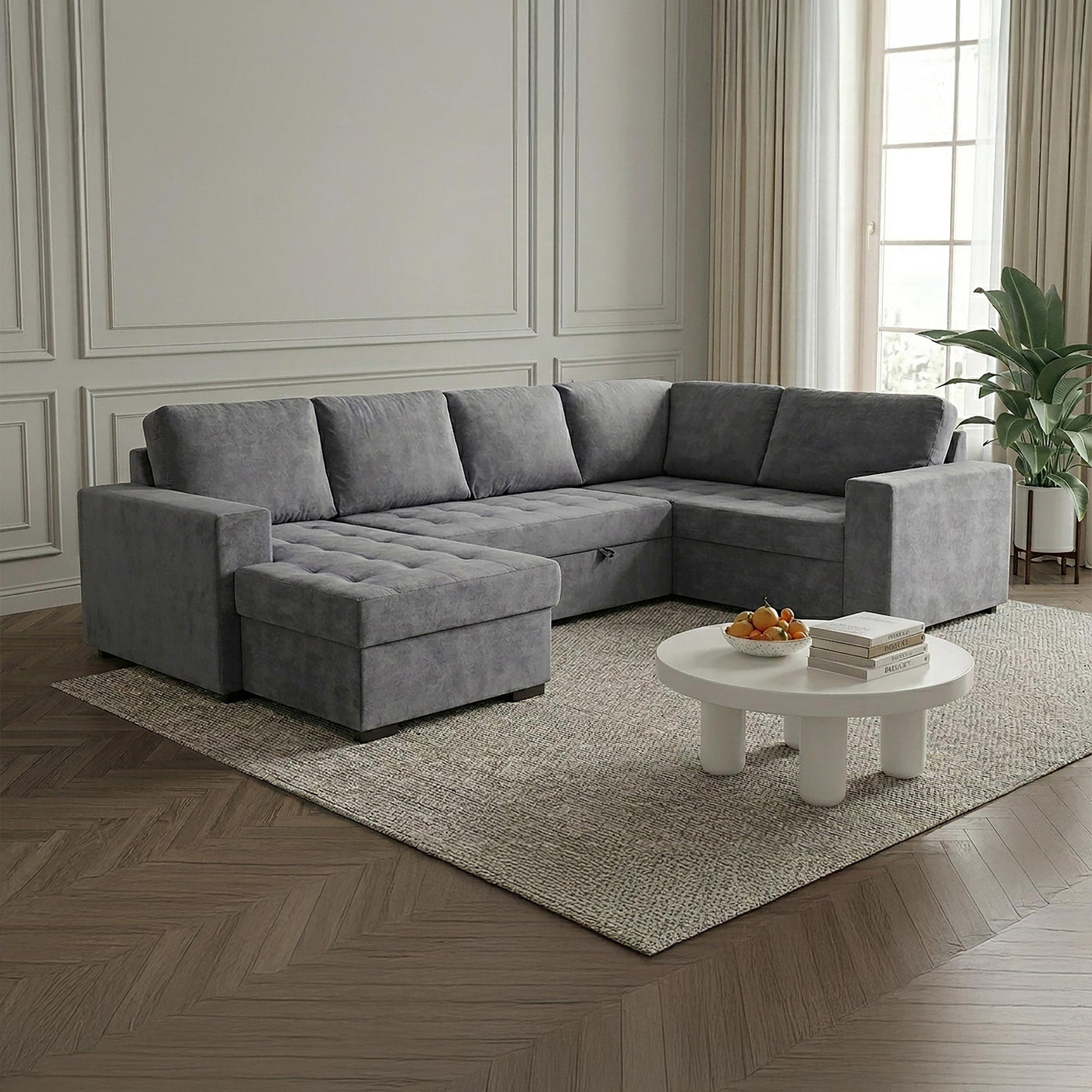 CYRUS Canapé panoramique convertible avec coffre en tissu gris - Angle gauche