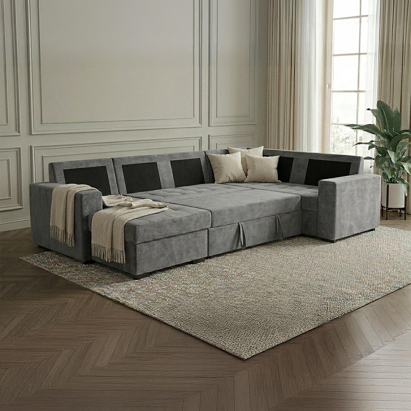 CYRUS Canapé panoramique convertible avec coffre en tissu gris - Angle gauche