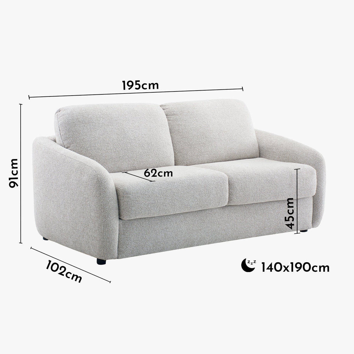 DAEL Canapé 3 places convertible matelas 12 cm en tissu blanc écru - Canapés convertibles - Mobilier Deco