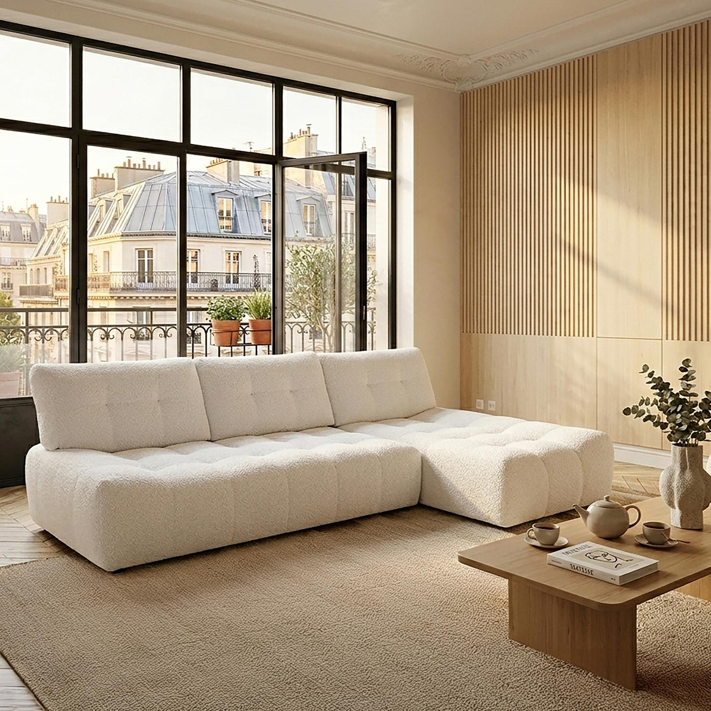 DALIA Canapé d'angle avec dossier amovible en tissu blanc écru  - Angle droit