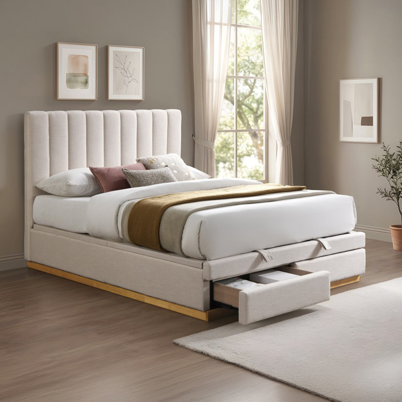 DANIEL Lit double en tissu beige avec coffre et 2 tiroirs 160x200 cm