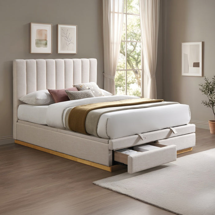DANIEL Lit double en tissu beige avec coffre et 2 tiroirs 180x200 cm