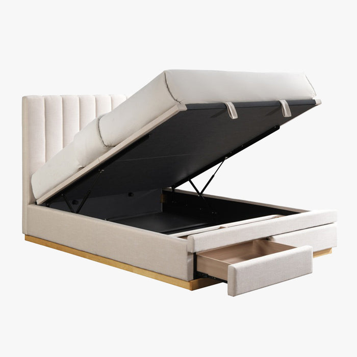 DANIEL Lit double en tissu beige avec coffre et 2 tiroirs 180x200 cm