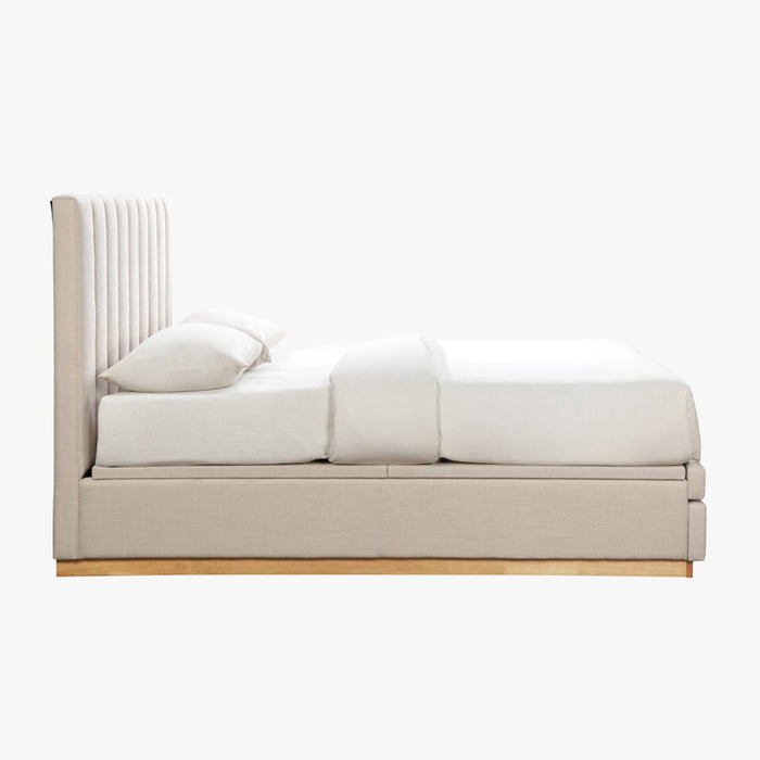 DANIEL Lit double en tissu beige avec coffre et 2 tiroirs 180x200 cm