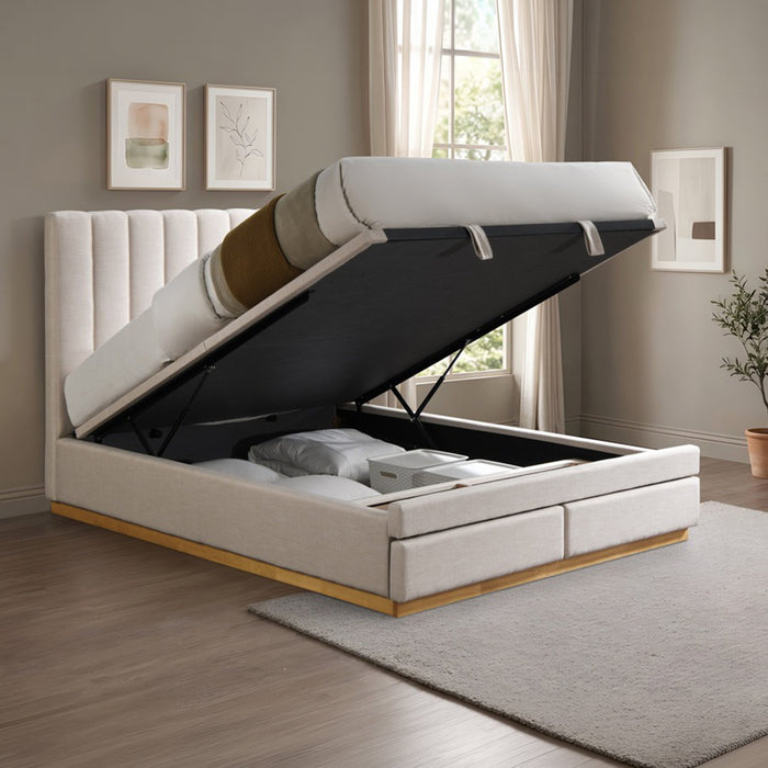 DANIEL Lit double en tissu beige avec coffre et 2 tiroirs 180x200 cm