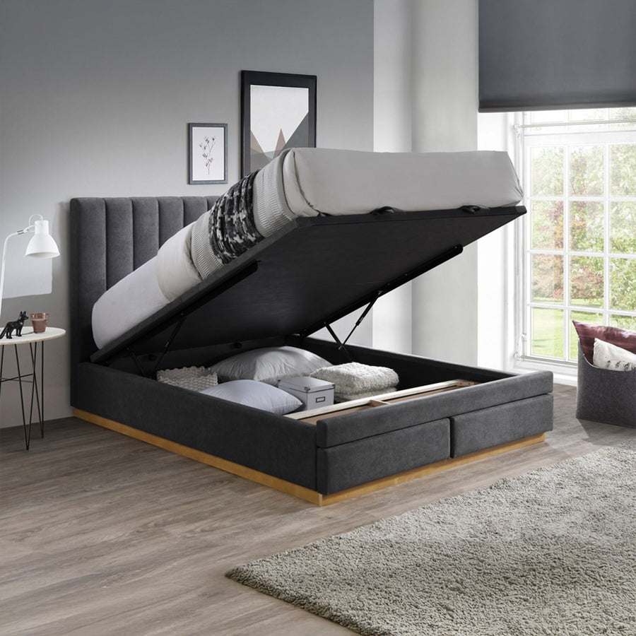 DANIEL Lit double en tissu gris anthracite avec coffre et tiroir 140x190 cm — aperçu vidéo