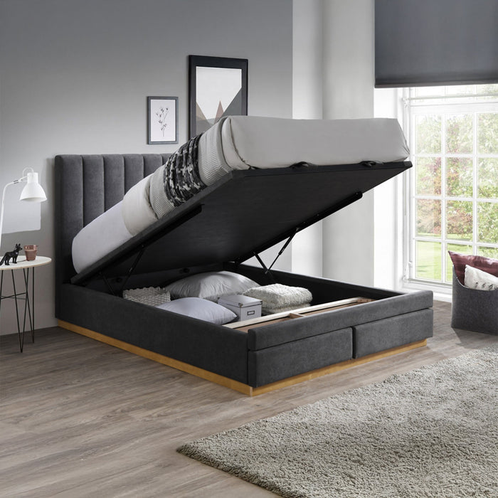 DANIEL Lit double en tissu gris anthracite avec coffre et tiroir 160x200 cm