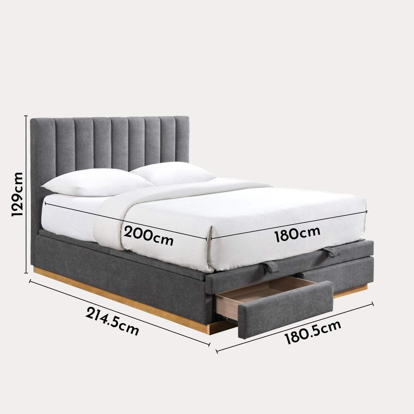 DANIEL Lit double en tissu gris anthracite avec coffre et tiroir 180x200 cm - Lits - Mobilier Deco