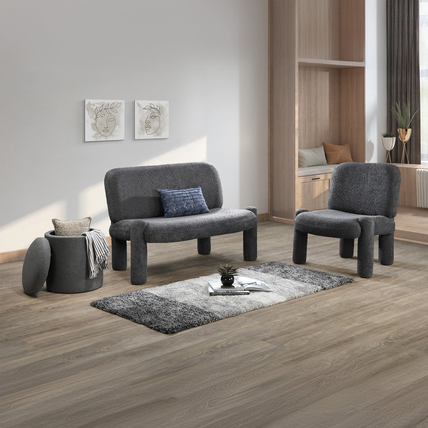 DANITA Canapé 2 places design effet peau de mouton anthracite